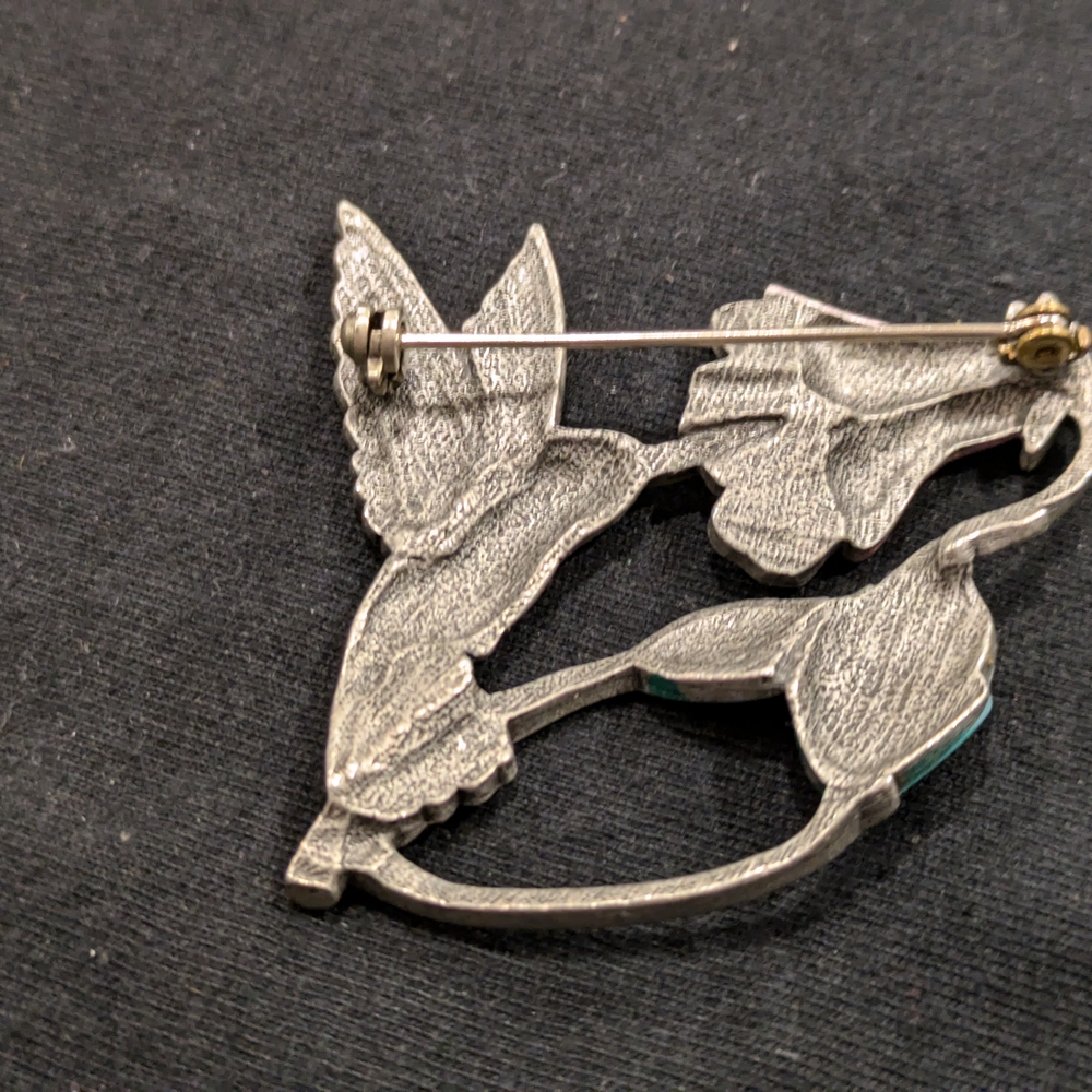 Vintage J.J. Janette Silver and Pink Hummingbird Brooch with Floral Design - Picture 2 of 2